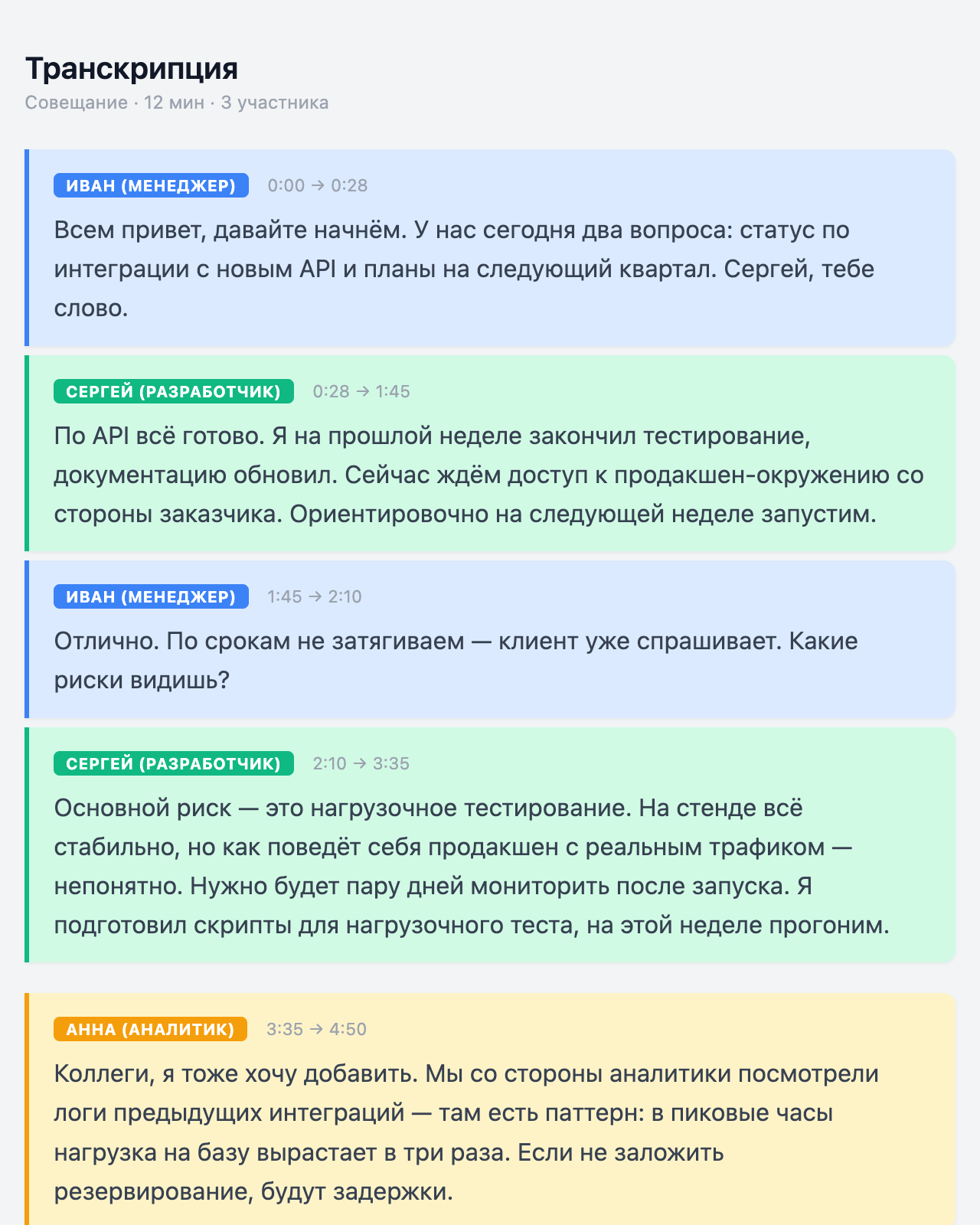 Пример HTML-транскрипта с цветной разметкой спикеров